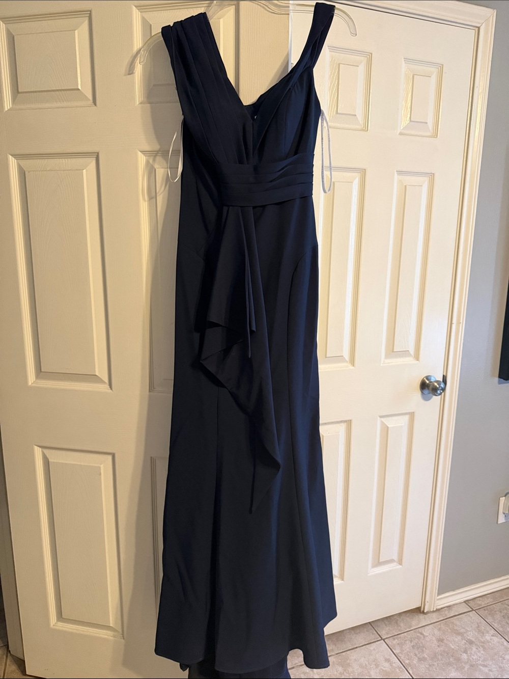 Navy Blue One-Shoulder Maxi Dress with Draped Waist
